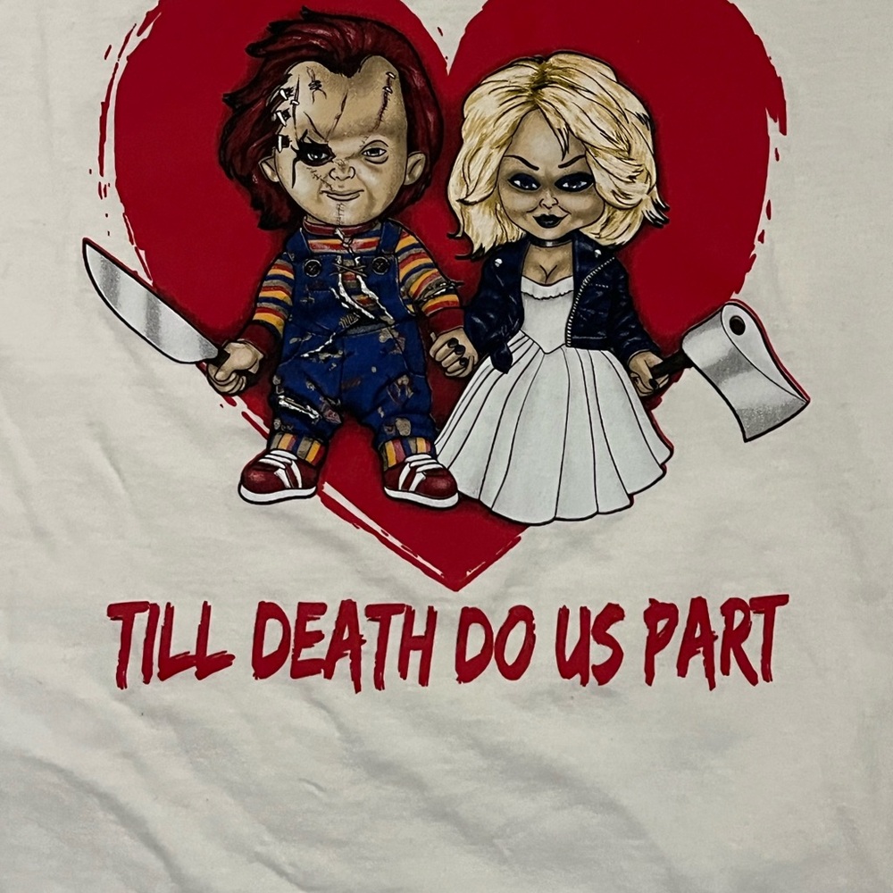 Till Death Do Us Part Horror Couple Graphic Tee - White with Red